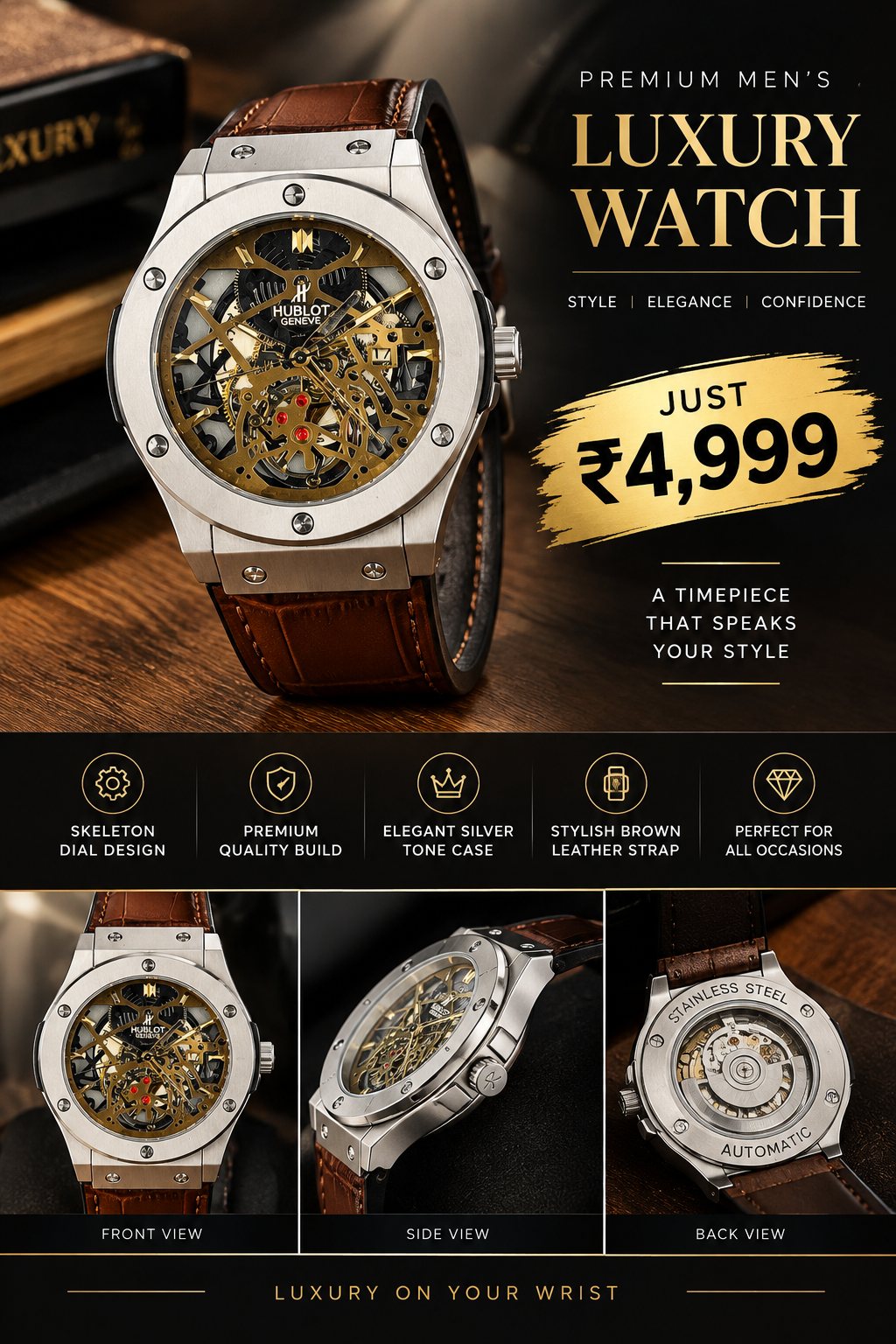 HUB-LOT Premium Men’s Skeleton Luxury Watch – Silver & Gold Dial
