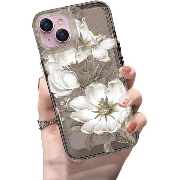 Yelphones Generic iPhone 15 Case Retro Sketch White Flower Clear Transparent Phone Case Glossy Shiny Cover for Girls & Women